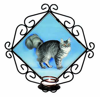 Silver Maine Coon Cat Wrought Iron Wall Art Candle Holder