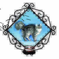 Silver Maine Coon Cat Wrought Iron Wall Art Candle Holder