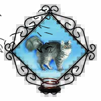Silver Maine Coon Cat Wrought Iron Wall Art Candle Holder