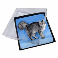 4x Silver Maine Coon Cat Picture Table Coasters Set in Gift Box
