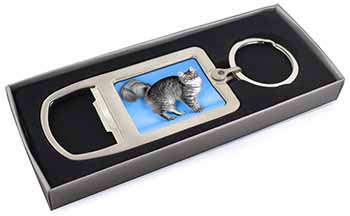 Silver Maine Coon Cat Chrome Metal Bottle Opener Keyring in Box