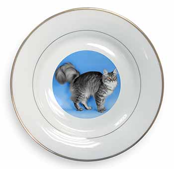 Silver Maine Coon Cat Gold Rim Plate Printed Full Colour in Gift Box