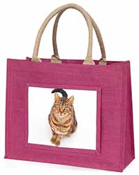 Brown Tabby Cat Large Pink Jute Shopping Bag