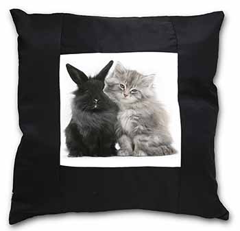 Cute Kitten with Rabbit Black Satin Feel Scatter Cushion