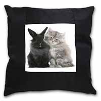 Cute Kitten with Rabbit Black Satin Feel Scatter Cushion