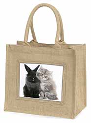 Cute Kitten with Rabbit Natural/Beige Jute Large Shopping Bag
