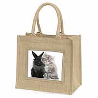 Cute Kitten with Rabbit Natural/Beige Jute Large Shopping Bag