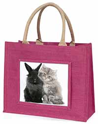 Cute Kitten with Rabbit Large Pink Jute Shopping Bag