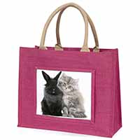 Cute Kitten with Rabbit Large Pink Jute Shopping Bag