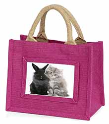 Cute Kitten with Rabbit Little Girls Small Pink Jute Shopping Bag