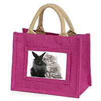Cute Kitten with Rabbit Little Girls Small Pink Jute Shopping Bag