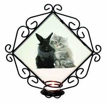 Cute Kitten with Rabbit Wrought Iron Wall Art Candle Holder