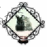 Cute Kitten with Rabbit Wrought Iron Wall Art Candle Holder
