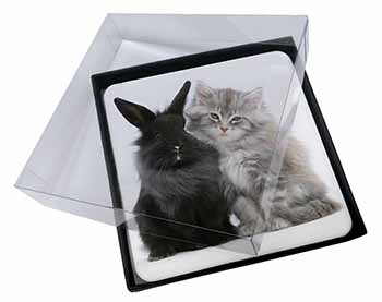 4x Cute Kitten with Rabbit Picture Table Coasters Set in Gift Box