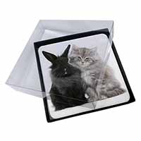 4x Cute Kitten with Rabbit Picture Table Coasters Set in Gift Box