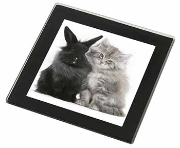Cute Kitten with Rabbit Black Rim High Quality Glass Coaster