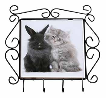 Cute Kitten with Rabbit Wrought Iron Key Holder Hooks