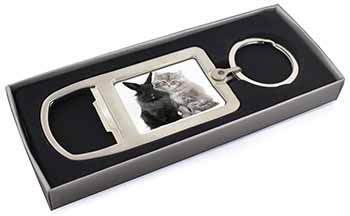 Cute Kitten with Rabbit Chrome Metal Bottle Opener Keyring in Box