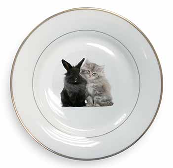 Cute Kitten with Rabbit Gold Rim Plate Printed Full Colour in Gift Box