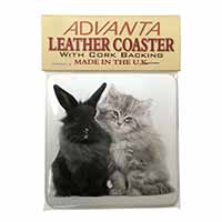 Cute Kitten with Rabbit Single Leather Photo Coaster