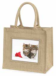 Christmas Kittens Natural/Beige Jute Large Shopping Bag