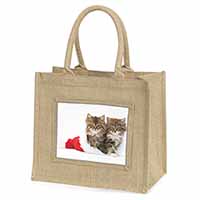 Christmas Kittens Natural/Beige Jute Large Shopping Bag