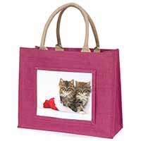 Christmas Kittens Large Pink Jute Shopping Bag