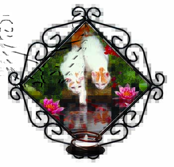 Turkish Van Cats by Fish Pond Wrought Iron Wall Art Candle Holder