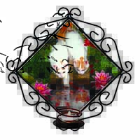 Turkish Van Cats by Fish Pond Wrought Iron Wall Art Candle Holder