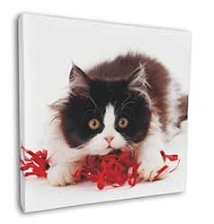 Kitten with Red Ribbon Square Canvas 12"x12" Wall Art Picture Print