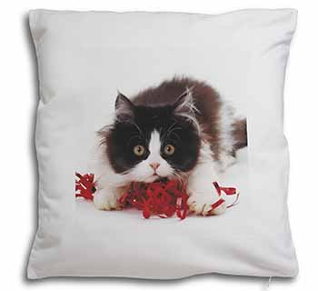 Kitten with Red Ribbon Soft White Velvet Feel Scatter Cushion