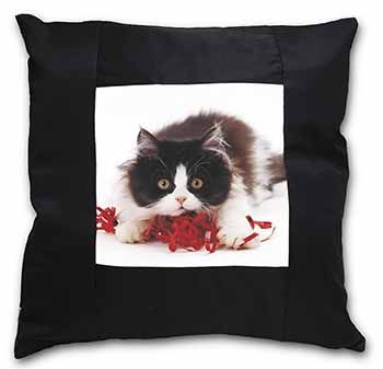 Kitten with Red Ribbon Black Satin Feel Scatter Cushion