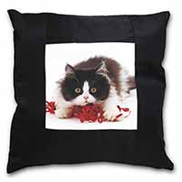 Kitten with Red Ribbon Black Satin Feel Scatter Cushion