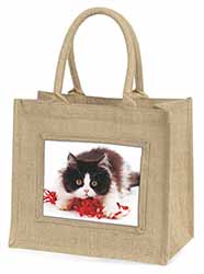 Kitten with Red Ribbon Natural/Beige Jute Large Shopping Bag