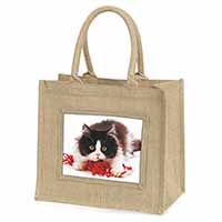 Kitten with Red Ribbon Natural/Beige Jute Large Shopping Bag