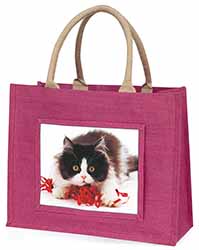 Kitten with Red Ribbon Large Pink Jute Shopping Bag
