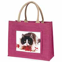 Kitten with Red Ribbon Large Pink Jute Shopping Bag