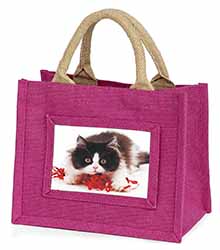 Kitten with Red Ribbon Little Girls Small Pink Jute Shopping Bag