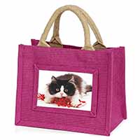 Kitten with Red Ribbon Little Girls Small Pink Jute Shopping Bag