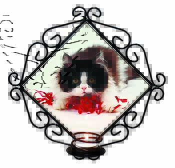 Kitten with Red Ribbon Wrought Iron Wall Art Candle Holder