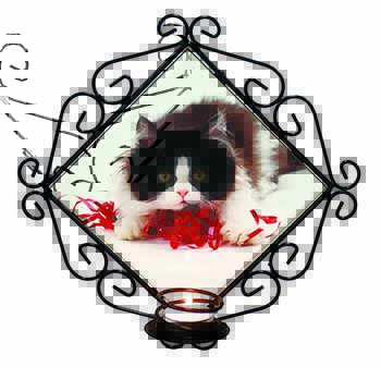 Kitten with Red Ribbon Wrought Iron Wall Art Candle Holder