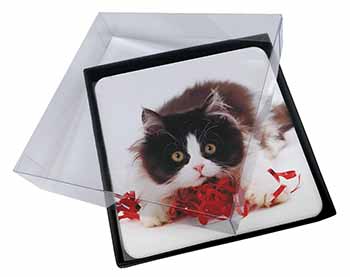 4x Kitten with Red Ribbon Picture Table Coasters Set in Gift Box