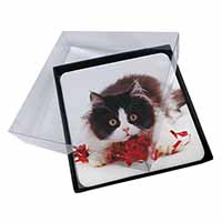 4x Kitten with Red Ribbon Picture Table Coasters Set in Gift Box