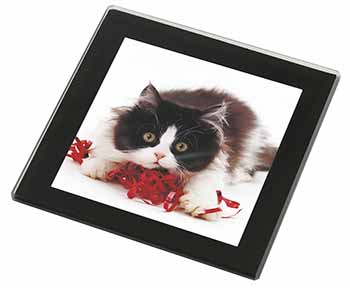 Kitten with Red Ribbon Black Rim High Quality Glass Coaster