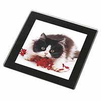 Kitten with Red Ribbon Black Rim High Quality Glass Coaster