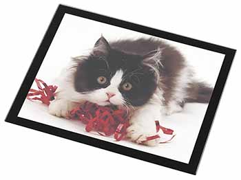 Kitten with Red Ribbon Black Rim High Quality Glass Placemat