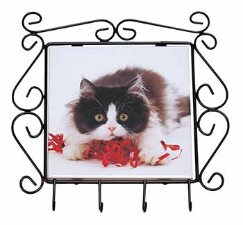 Kitten with Red Ribbon Wrought Iron Key Holder Hooks