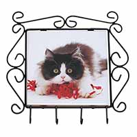 Kitten with Red Ribbon Wrought Iron Key Holder Hooks