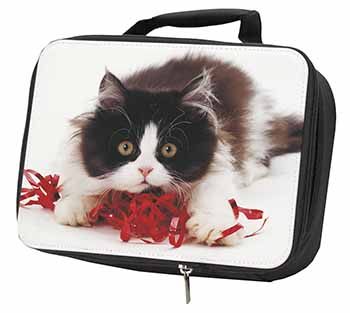 Kitten with Red Ribbon Black Insulated School Lunch Box/Picnic Bag