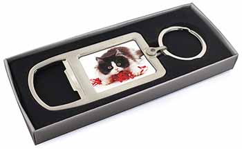 Kitten with Red Ribbon Chrome Metal Bottle Opener Keyring in Box